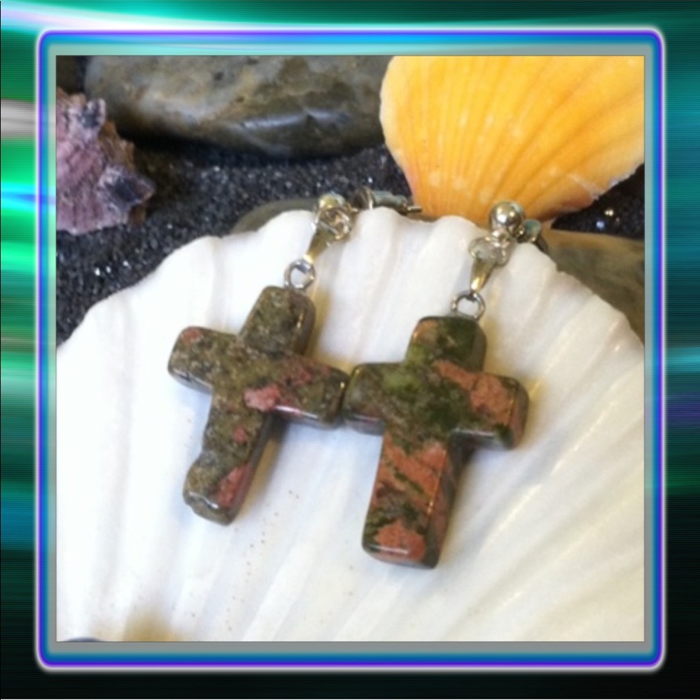 Unakite Cross Earrings Stainless Steel Posts - Picture 1 of 7